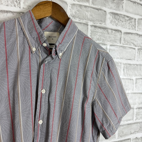Billy Reid Slim Fit Gray 90s Striped SS Casual Button Down Shirt Mens MEDIUM - Picture 2 of 7